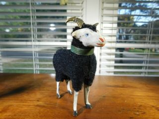 Putz Stick Leg Paper Mache Sheep Antique Black Wooly Horned Ram German 2 3