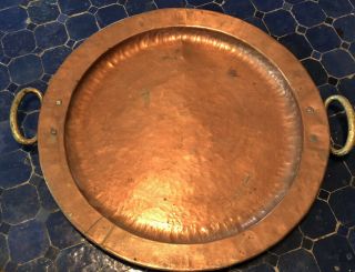 Hand Hammered Copper Tray W/brass Handles Huge 16” Vintage