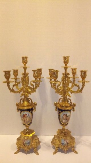 Gorgeous Gilt Brass & Cobalt Porcelain Candelabras Or Clock Garnitures Italy