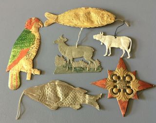 Group Of 6 Antique Flat Dresden German Christmas Ornaments Parrot Cow Star Fish