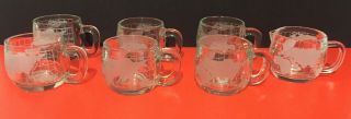 6 Nestle/nescafe Frosted Etched Glass World Coffee Mugs & 1 Creamer Glass Mug