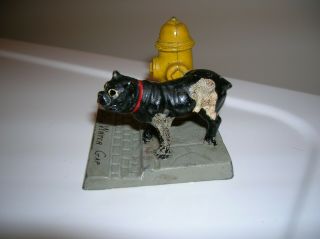 Vintage Cast Iron Metal Boston Terrier Dog Peeing On Yellow Fire Hydrant