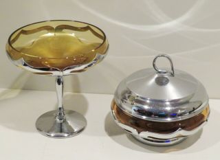 Farber Bros Krome Kraft Cambridge Glass Amber Pair Compote W/ Lid & Candy Dish