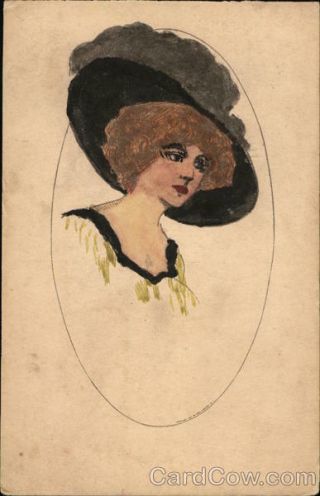 Hand Drawn 1910 A Woman With A Big Hat Hats Postcard 1c Stamp Vintage Post Card