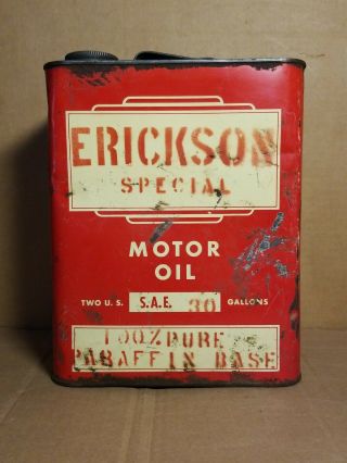 Vintage Erickson Special Motor Oil Can Two U.  S Gallons S.  A.  E.  30 100 Pabaffin