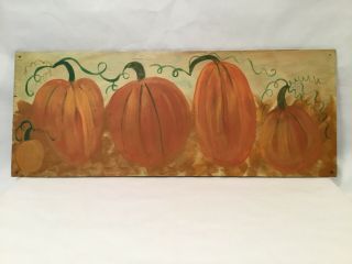 Three Pumpkins / Barbara Strawser / Hand Painted On Old Board / Halloween