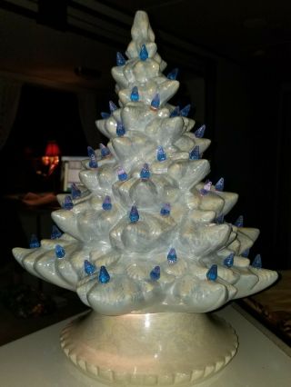 Vintage 1976 Ceramic Christmas Tree White Iridescent Blue Bulbs Lighted 16 "