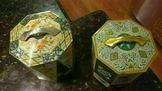 VTG triangle & square pattern Floral tin containers gold & silver toned Handles 2