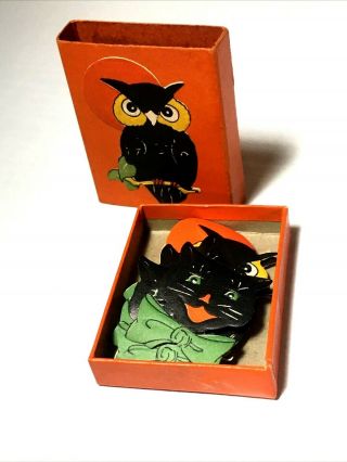 Vintage Gibson Halloween Gummed Seals Die Cut Stickers Owl Black Cat In Tiny Box
