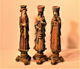 Rare Polychrome Vintage 14 " 3 Three Wise Men Christmas Candle Holders 3.  4