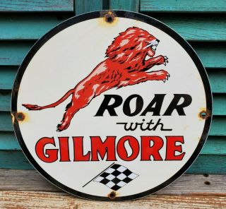 Old Vintage 1950s Roar With Gilmore The Red Lion Porcelain Pump Sign Motor Oil