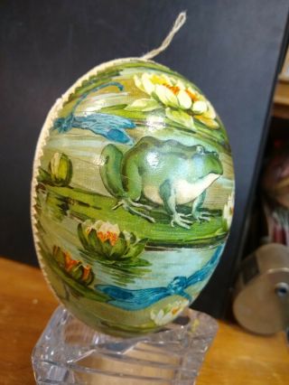 Vtg 5 " Paper Mache Easter Egg Candy Container,  Frog / Dragon Fly Scene Germany