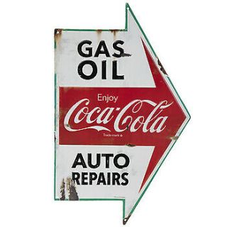 Old Style Coca Cola Gas Oil Auto Repairs Service Station Tin Metal Arrow Sign