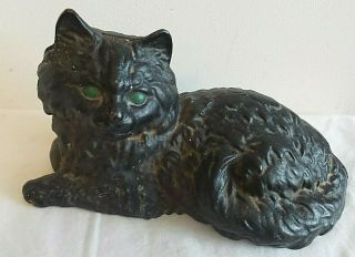 Heavy Black Hubley Cast Iron Cat Doorstop Paint Green Eyes 1248