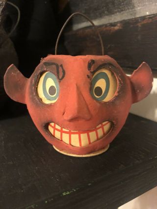 Vintage German Halloween Devil 3” Candy Lantern Candle Paper Container Unmarked