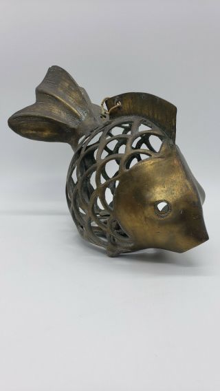 Vintage Mid Century Hanging Brass Koi / Carp Fish Candle / Lantern Light W/ Base