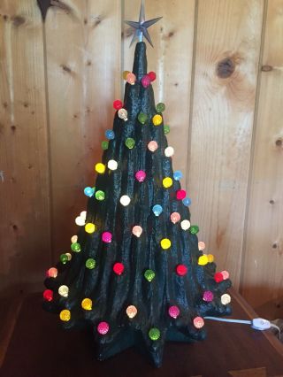 Pretty Vintage Ceramic Christmas Tree 23” Tall Green Round Pastel Bulbs,  Star