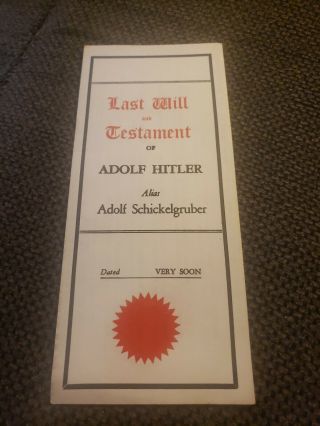1942 Wwii Last Will And Testament Of Adolf Hitler German Parody Document “humor”