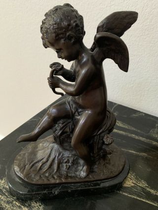 A.  Moreau Bronze Winged Cherub Playing Harp Statue 11” Tall On Marble Base