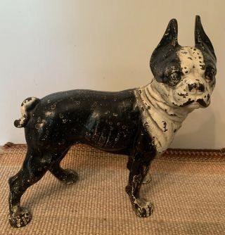 Old 10 " Cast Iron Hubley Boston Terrier Bulldog Doorstop W/ Paint