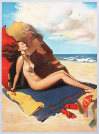 Vintage Gil Elvgren 1940s Large Nude Sun Bath Art Deco Lovely Pin - Up Print