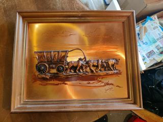 Vintage John Louw 3d Copperama Framed Wall Art Covered Wagon With A Team Of Oxen