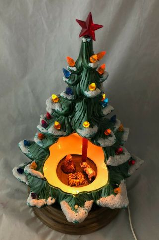 Vintage 16 " Lighted Flocked Ceramic Christmas Tree 3 Piece Nativity W/star