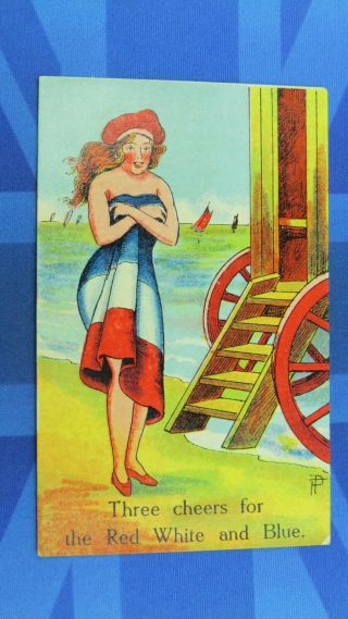 Ww1 Comic Postcard 1914 1918 Nude Bathing Beauty Hut 3 Cheers Red White & Blue