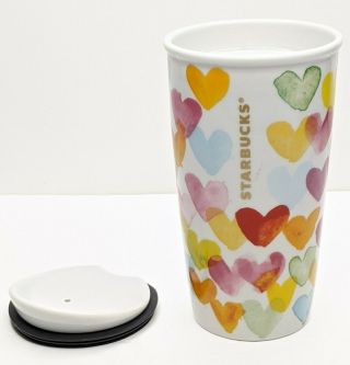 Starbucks 2015 Ceramic 10oz Watercolor Hearts Tumbler Cup W/ Ceramic Lid