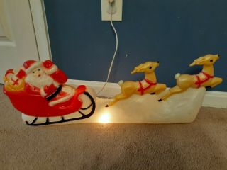 Vtg Union Products Small Santa Sleigh And Reindeer Christmas Blow Mold 32 "