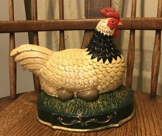Vintage Painted Cast Iron Doorstop Chicken Hen On Nest Eggs 10.  5 X 9” Door Stop
