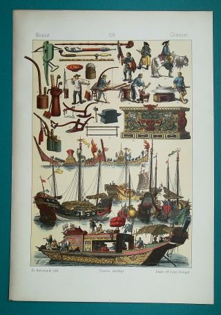 China Shipc Pipes Tobacco Opium Various Objects Costume - 1883 Color Litho Print