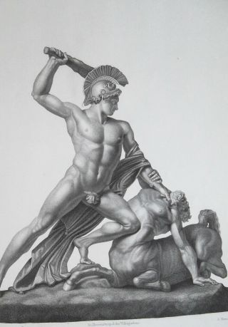 Theseus Killing Centaur Phereus Sculpture Art By Canova - 1854 Antique Print