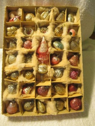Vintage Box Of 32 German Feather Tree Ornaments With Santa Claus Tree Topper