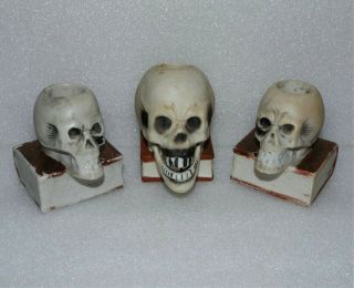Vintage Halloween Jaw Moves Skull 2 Smaller Skeleton Heads Bisque Candleholders