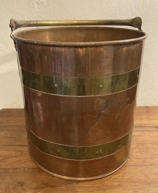 Vintage Copper Fire Bucket W/brass Trim - 11” Tall - Wood Fireplace Kindling