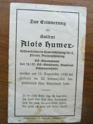 Very Scarce,  Special Wwii German Death Card,  Kia Poland Sept.  1939,  Party Member