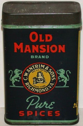 Vintage Spice Tin Old Mansion Pickle Spice Antrim Richmond Virginia Push On Lid
