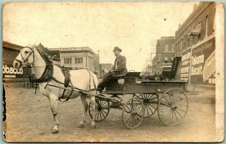 1910 Coffeyville,  Kansas Rppc Real Photo Postcard Main Street W/ Horse Wagon
