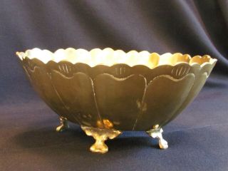 Vintage Heavy Solid Brass Footed Oval Bowl Scalloped Edge 8 " X 6 3/4 "