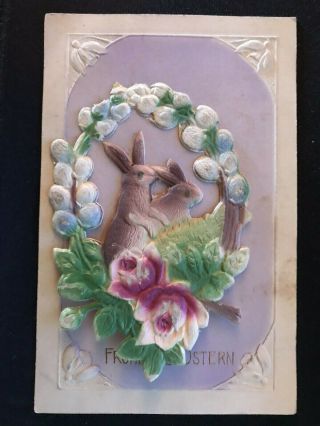 Easter Die - Cut Bunny Rabbit In Wreath Of Flowers Antique Postcard - B748