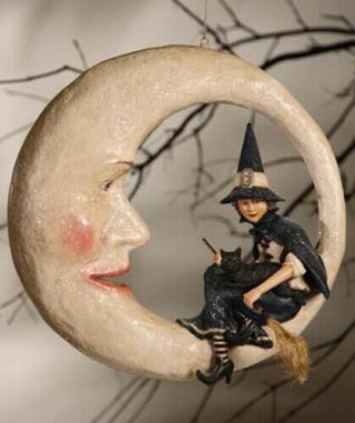 16 " Bethany Lowe Halloween Witch On Moon Paper Mache Resin Figure Glitter