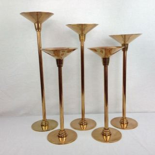 Vintage Solid Brass Art Deco Mid Century Candle Stick Holders Tiered Set of 5 2