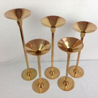 Vintage Solid Brass Art Deco Mid Century Candle Stick Holders Tiered Set of 5 3