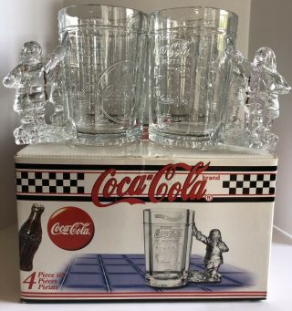Vintage 1997 Coca - Cola Coke Glass Stein Mug With Santa Claus Handle Set Of 4