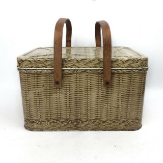 Vintage Decoware Tin Litho Picnic Basket Wood Handles Metal Faux Wicker Weave