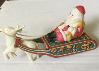 Scarce Vintage Celluloid Santa On A Painted Metal Sleigh Friction Toy