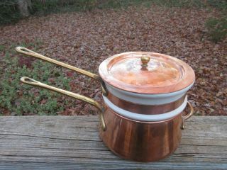 Bain Marie Brass & Copper Double Boiler With Brass Handles & Ceramic Inserts