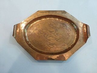 Vintage Arts & Crafts Hand Hammered Copper Tray W/handles Embossed Birds Flowers