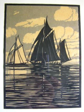 c.  1920 ' s Arts & Crafts Cutout Sihouette Print of Sailing Ships 2